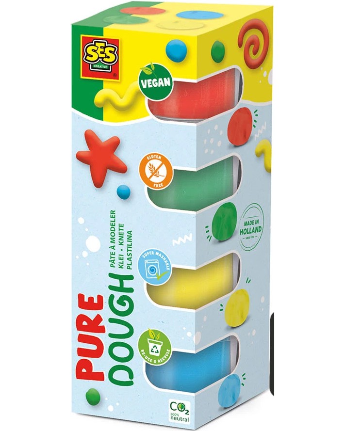 Мек пластилин SES Creative Pure Мек пластилин SES Creative Pure - 4 цвята x 90 g -