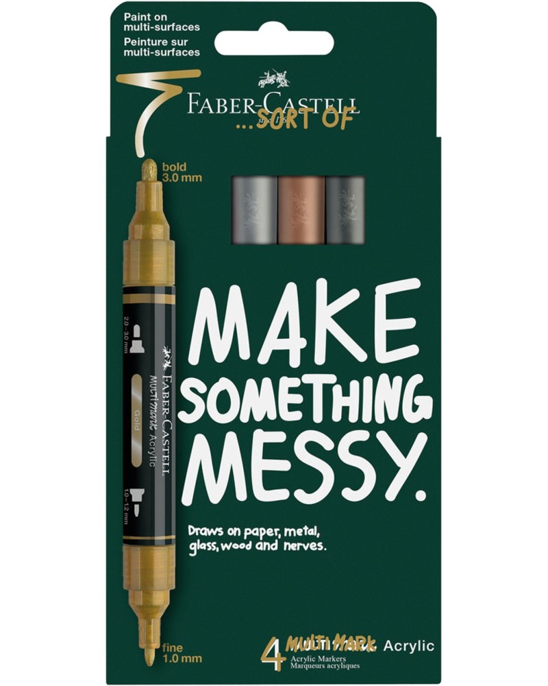 Двустранни акрилни маркери Faber-Castell Metallic Двустранни акрилни маркери Faber-Castell Metallic - 4 цвята от серията Multimark -