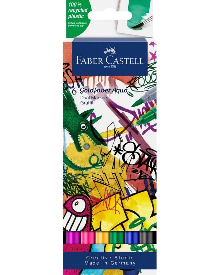 Двувърхи акварелни маркери Faber-Castell Aqua Graffiti Двувърхи акварелни маркери Faber-Castell Aqua Graffiti - 6 цвята от серията Goldfaber -