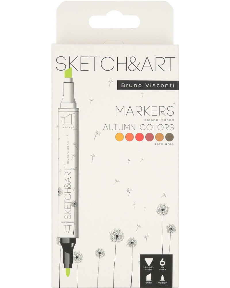 Перманентни двувърхи маркери Bruno Visconti Sketch and Art - Есен Перманентни двувърхи маркери Bruno Visconti Sketch and Art - Есен - 6 цвята -