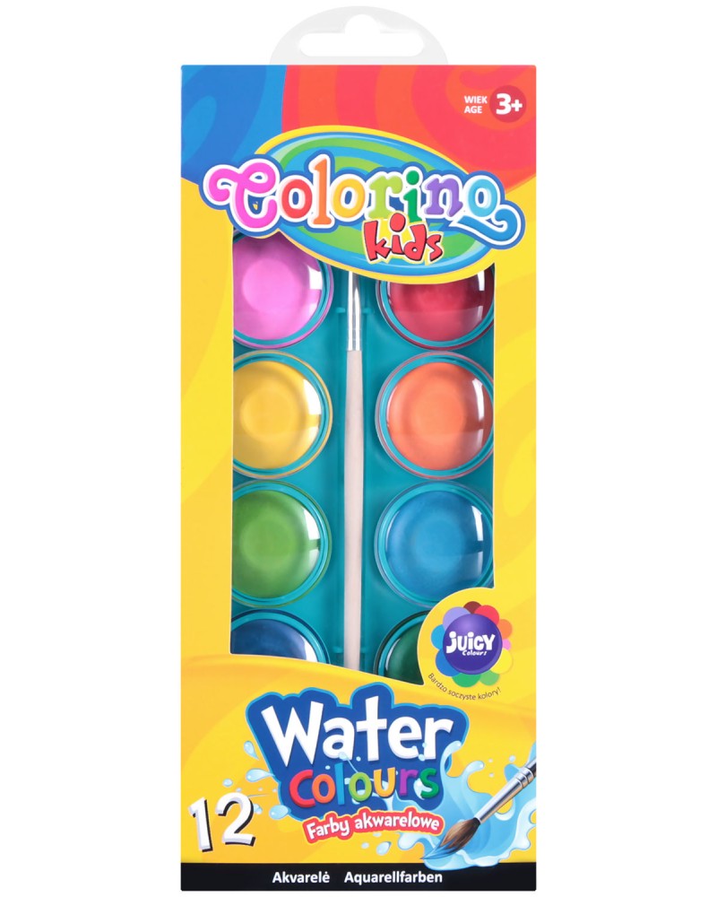 Акварелни бои Colorino Kids - 12 цвята с четка - 