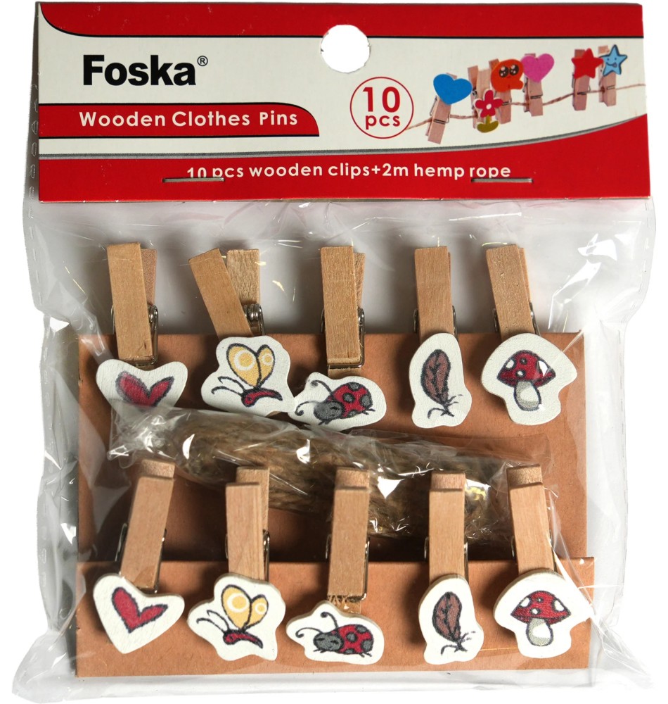 Дървени щипки Foska Дървени щипки Foska - 10 броя с дължина 35 mm и канап -