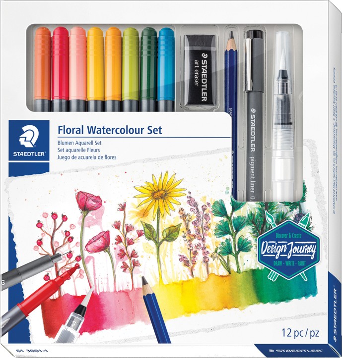 Комплект за рисуване Staedtler Floral Watercolour Комплект за рисуване Staedtler Floral Watercolour - 12 части от серията Design Journey -