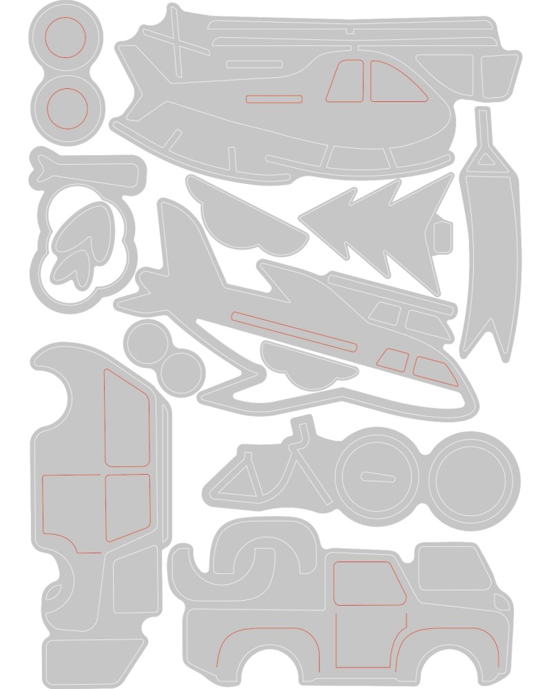 Щанци за машина за изрязване и релеф Sizzix Transport Collection Щанци за машина за изрязване и релеф Sizzix Transport Collection - 13 броя от 0.32 до 9.53 cm -