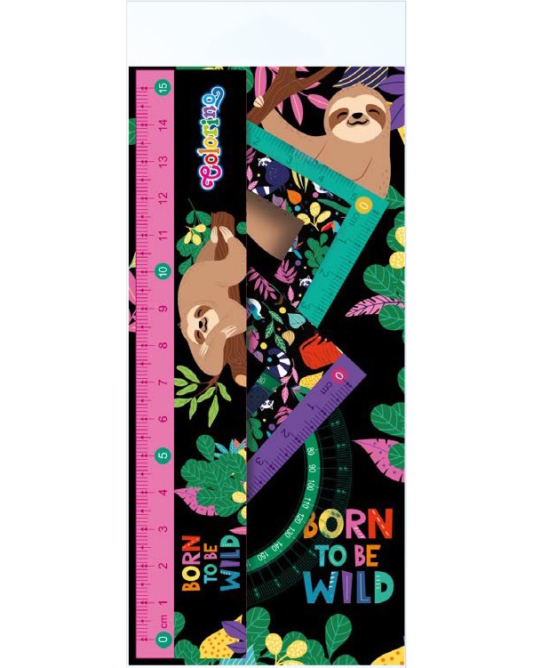 Чертожни инструменти Colorino Kids - Ленивец Чертожни инструменти Colorino Kids - Ленивец - Линия, 2 триъгълника и транспортир от серията Wildkid -