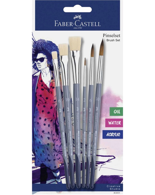 Четки за акварел, акрил и масло Faber-Castell Четки за акварел, акрил и масло Faber-Castell - 6 броя от серията Creative studio -