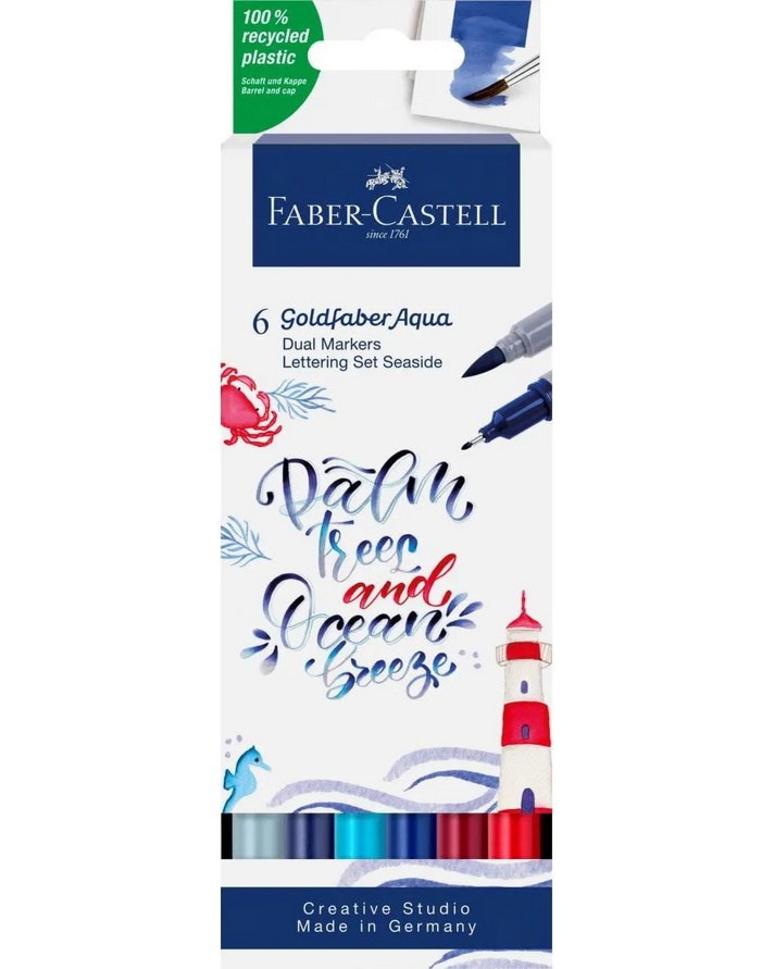 Двувърхи акварелни маркери Faber-Castell Aqua Sea Двувърхи акварелни маркери Faber-Castell Aqua Sea - 6 цвята от серията Goldfaber -