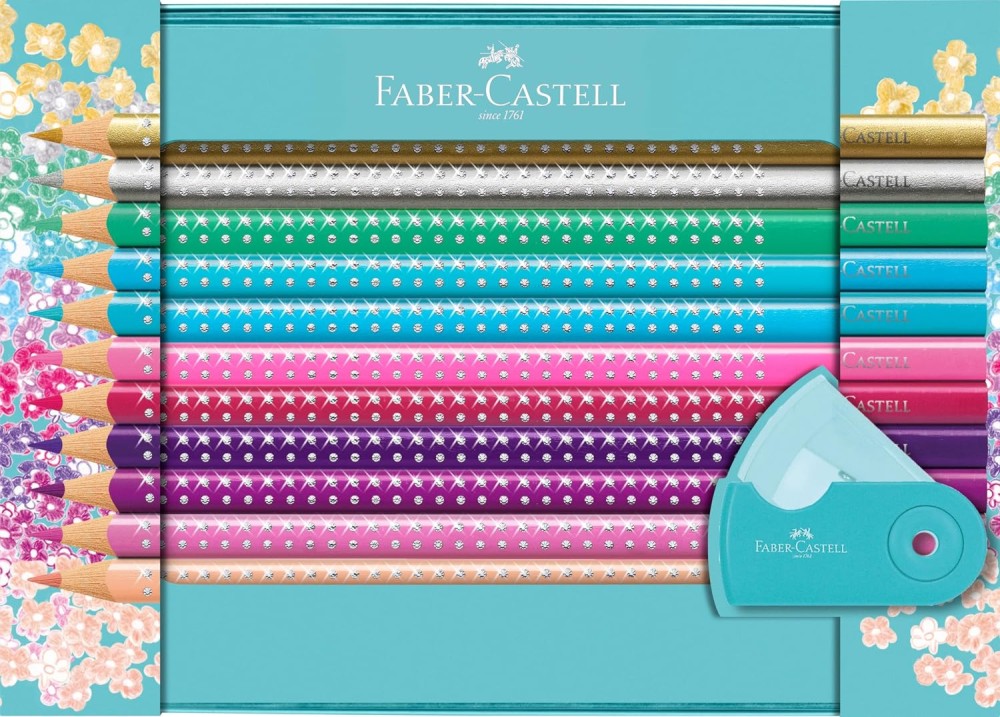 Цветни моливи Faber-Castell Цветни моливи Faber-Castell - 20 цвята и острилка в метална кутия от серията Sparkle -