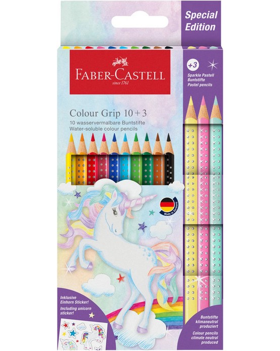 Цветни моливи Faber-Castell Grip 2001 - Еднорог Цветни моливи Faber-Castell Grip 2001 - Еднорог - 10 цвята + 3 блестящи и стикери -