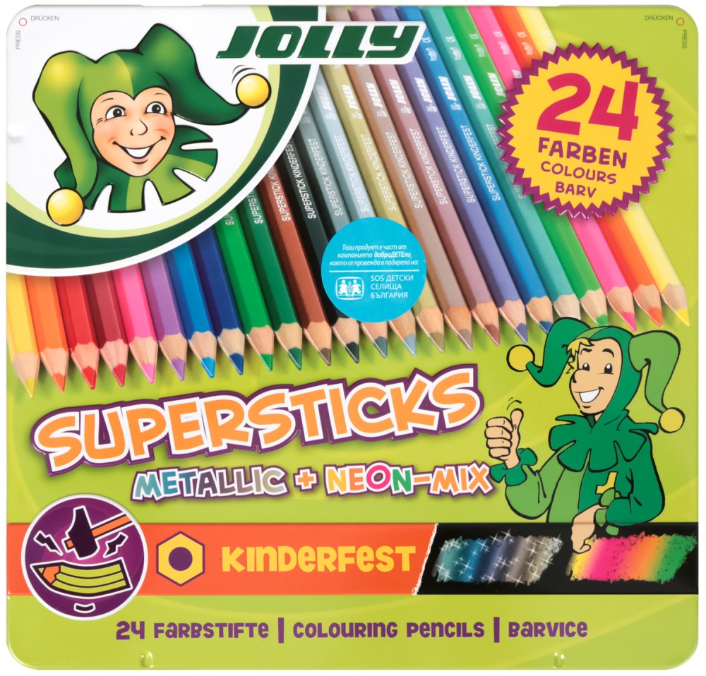 Цветни моливи Jolly Kinderfest Mix - 24 броя в метална кутия - 