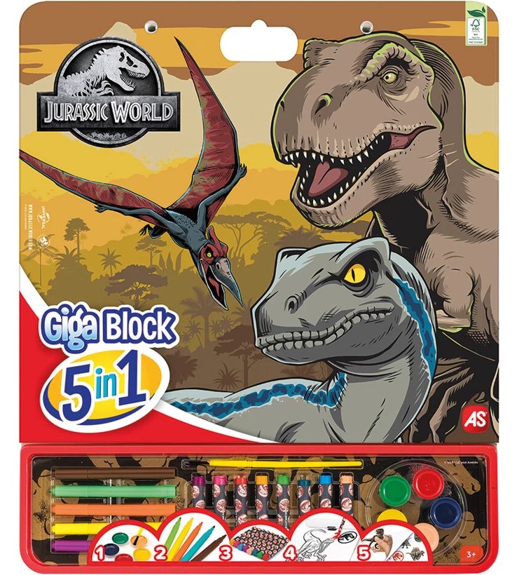 Комплект за рисуване 5 в 1 As Company Giga Block Jurassic World Комплект за рисуване 5 в 1 As Company Giga Block Jurassic World - 21 части на тема Динозаври -