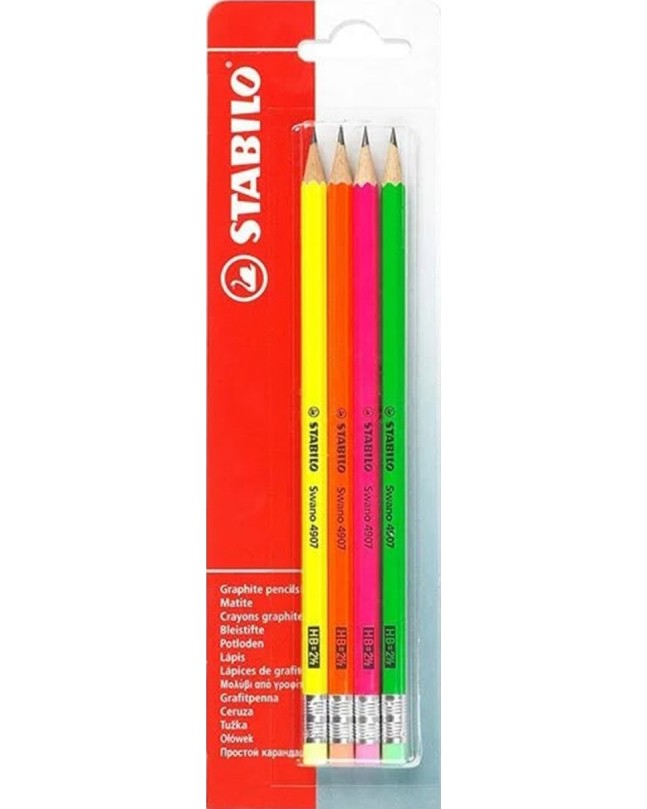 Графитни моливи HB Stabilo Swano Fluo Графитни моливи HB Stabilo Swano Fluo - 4 броя с гумички -