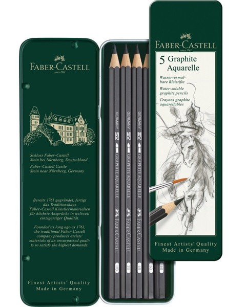Акварелни графитни моливи Faber-Castell - 5 броя в метална кутия - 
