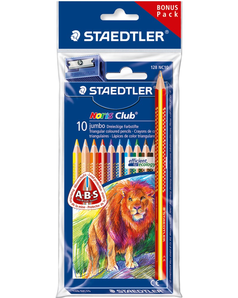 Цветни моливи Staedtler Noris Club 128 - 10 цвята с многоцветен молив и острилка - 