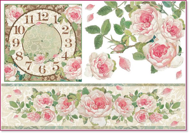 Декупажна хартия Stamperia - Часовник и рози - 50 x 35 cm - 