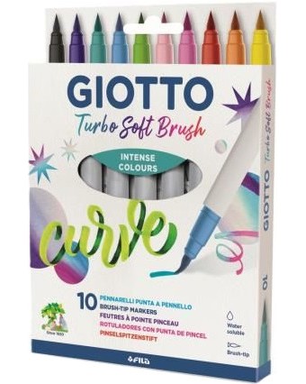 Акварелни маркери с връх тип четка Giotto Turbo Soft Brush Акварелни маркери с връх тип четка Giotto Turbo Soft Brush - 10 класически цвята -