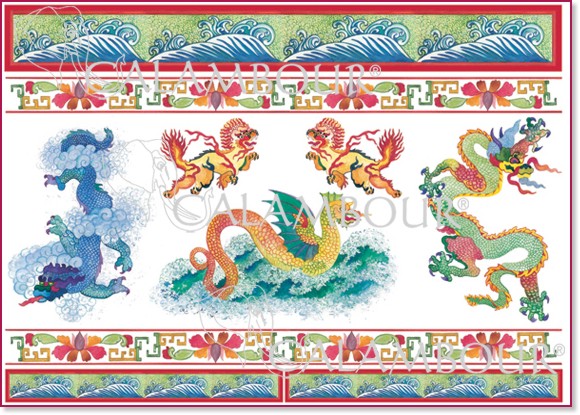 Декупажна хартия Calambour - Китайски дракони и декорации 77 - От серията Digital Collection Mulberry - 