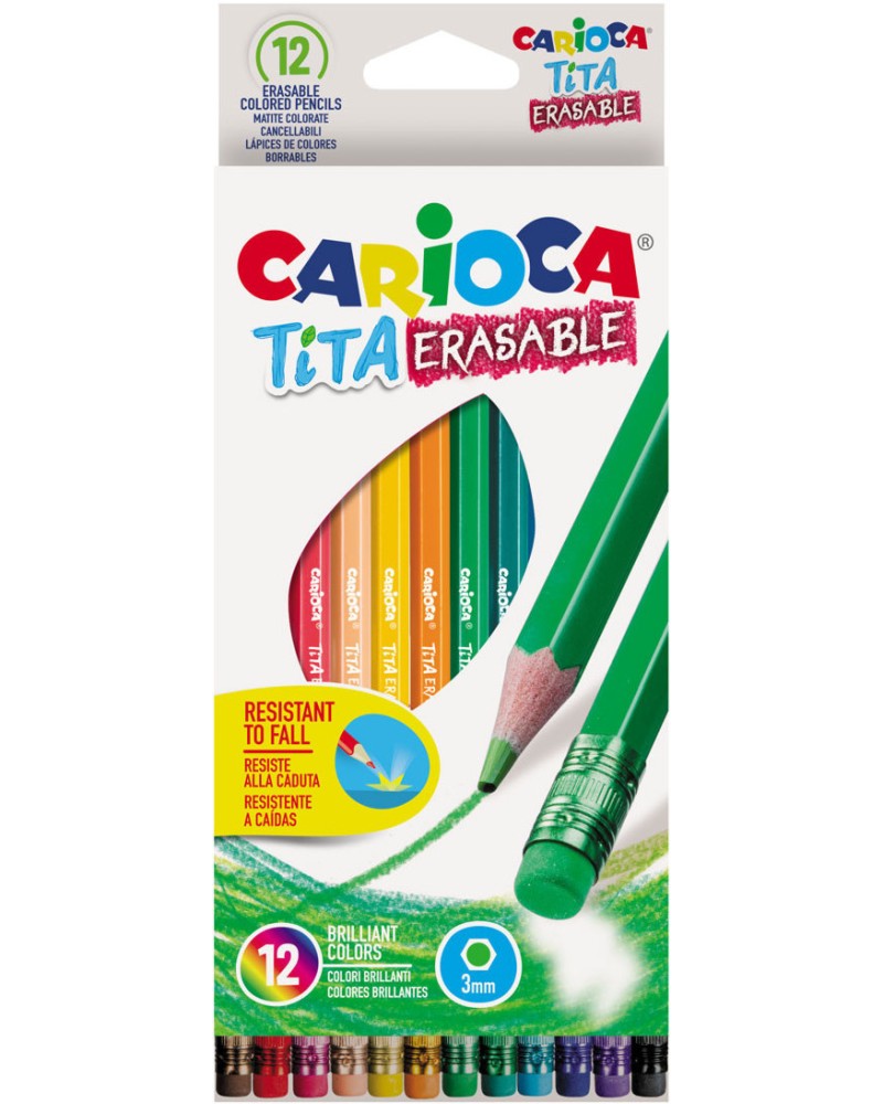 Цветни моливи Carioca Tita - 12 цвята с гумички - 