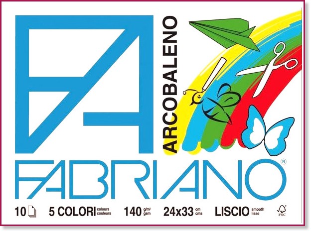 Блок с цветна хартия Fabriano Arcobaleno Блок с цветна хартия Fabriano Arcobaleno - 10 листа, 24 x 33 cm, 140 g/m<sup>2</sup> -