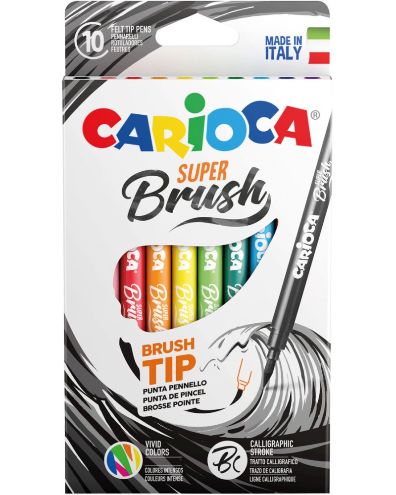 Флумастери Carioca Super Brush Флумастери Carioca Super Brush - 10 цвята с връх тип четка -