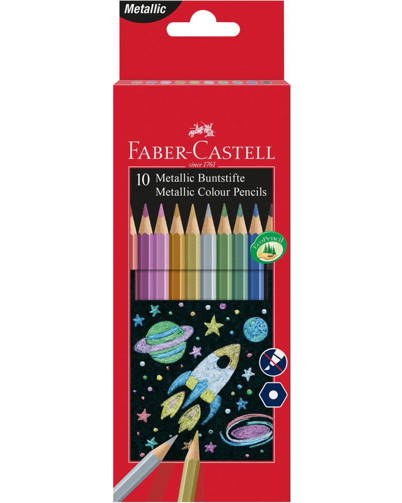 Цветни моливи Faber-Castell Цветни моливи Faber-Castell - 10 цвята с металиков ефект -