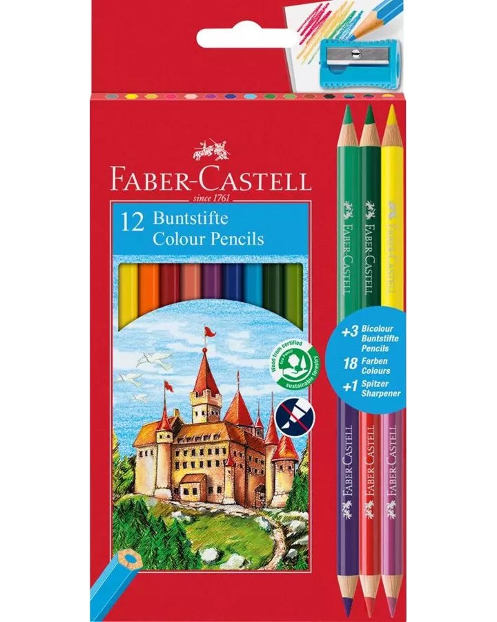 Цветни моливи Faber-Castell - Замък Цветни моливи Faber-Castell - Замък - 15 или 27 броя и острилка -