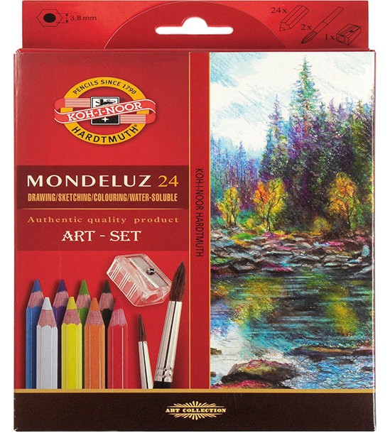 Акварелни моливи Koh-I-Noor Mondeluz - 24, 36, 48 или 72 цвята с острилка и 2 четки - 