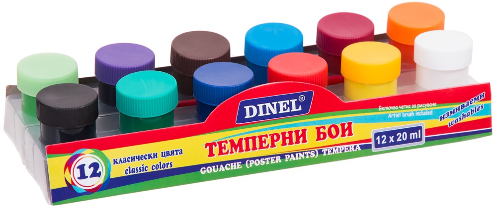 Темперни бои Dinel Темперни бои Dinel - 12 цвята х 20 ml с четка -