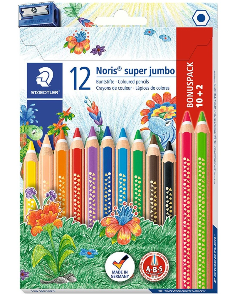 Цветни моливи Staedtler Noris Super Jumbo - 12 броя и острилка - 