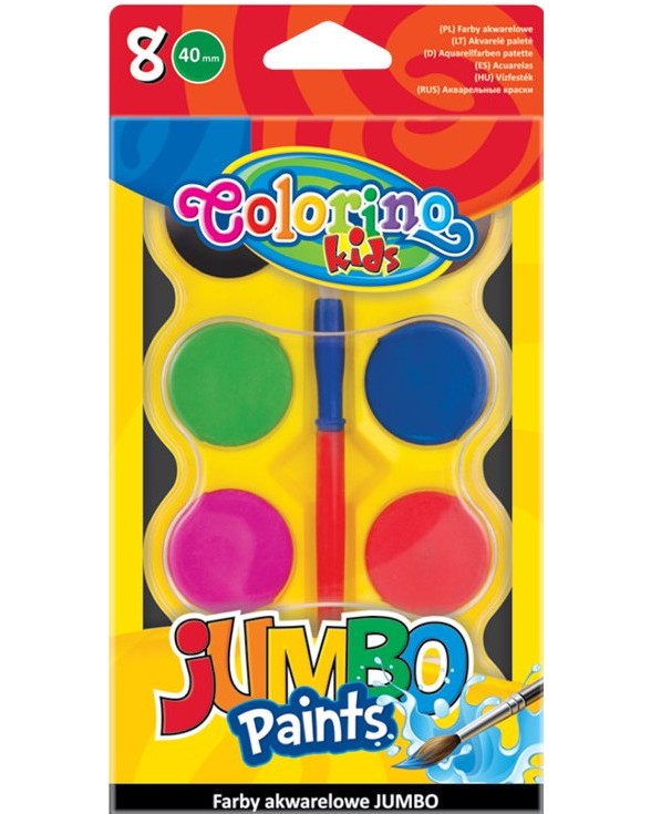 Акварелни бои Colorino Kids Jumbo - 8 цвята с четка - боя