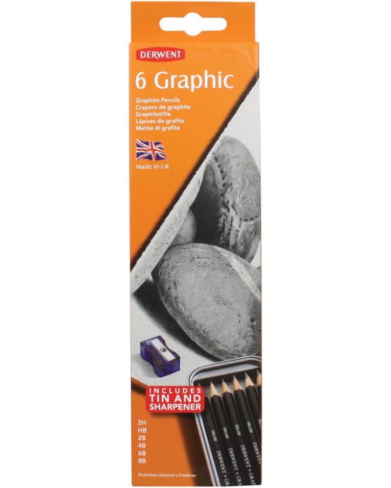 Графитни моливи Derwent Graphic Графитни моливи Derwent Graphic - 6 броя и острилка в метална кутия -