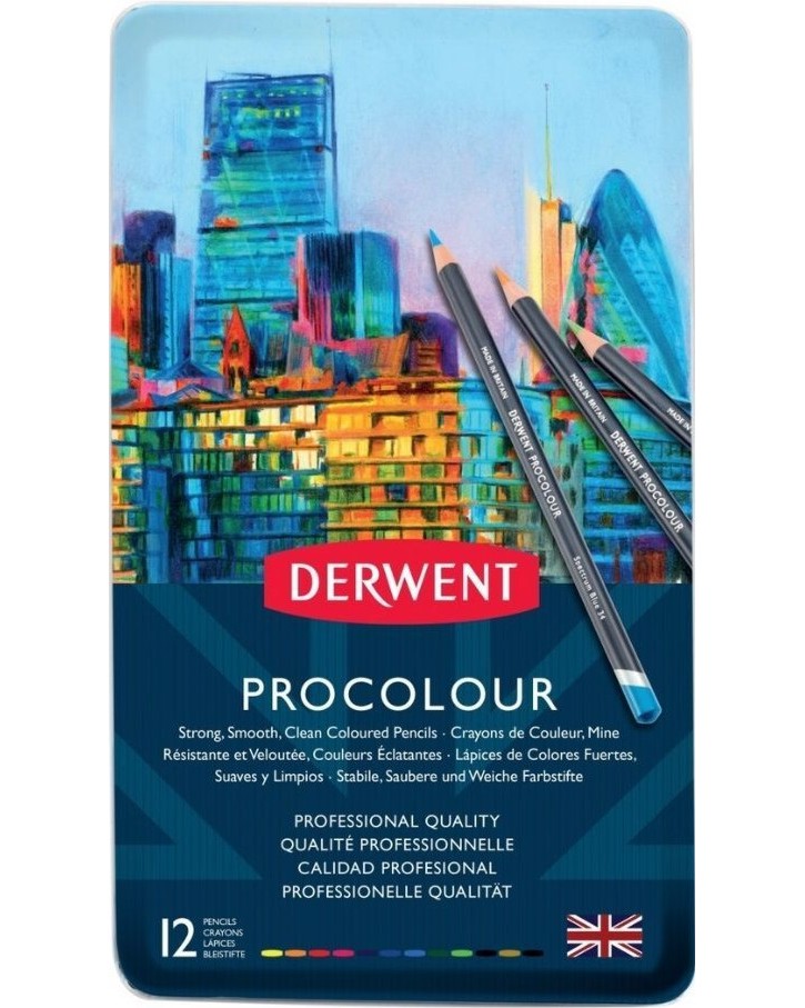Цветни моливи Derwent Цветни моливи Derwent - 12 или 24 цвята в метална кутия от серията Procolour -