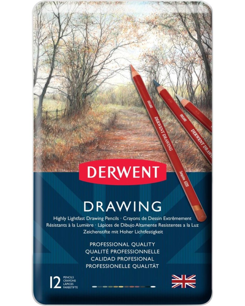 Цветни моливи Derwent Drawing Цветни моливи Derwent Drawing - 12 или 24 цвята в метална кутия -