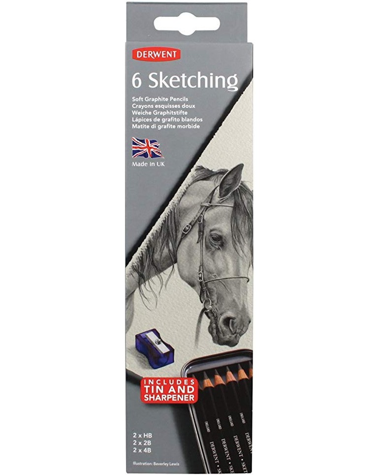 Графитни моливи Derwent Sketching Графитни моливи Derwent Sketching - 6 броя с острилка в метална кутия -
