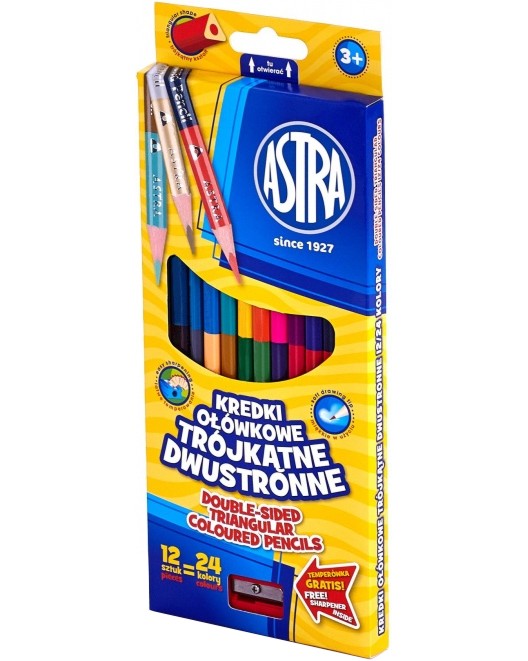 Двустранни цветни моливи Astra S.A. - 24 или 48 цвята и острилка - 