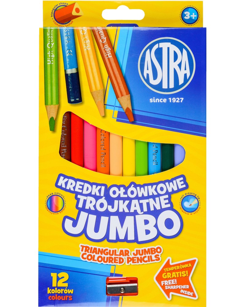 Цветни моливи Astra S.A. Jumbo Цветни моливи Astra S.A. Jumbo - 12 цвята и острилка - продукт
