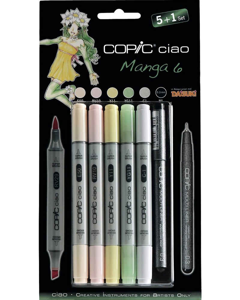 Двувърхи маркери Copic Manga Set 6 Двувърхи маркери Copic Manga Set 6 - 5 цвята и тънкописец от серията Ciao -