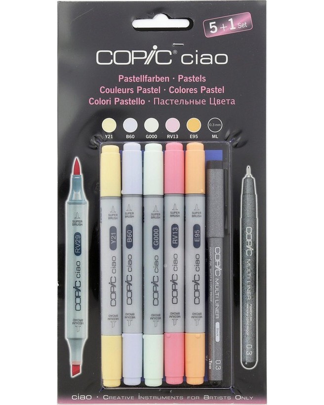 Двувърхи маркери Copic Pastels Двувърхи маркери Copic Pastels - 5 цвята и тънкописец от серията Ciao -