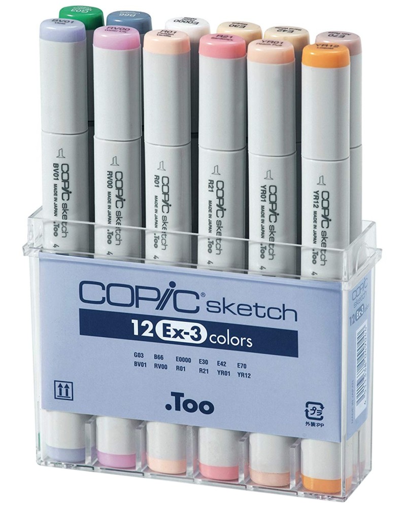 Двувърхи маркери Copic EX-3 - 12 цвята от серията Sketch - 