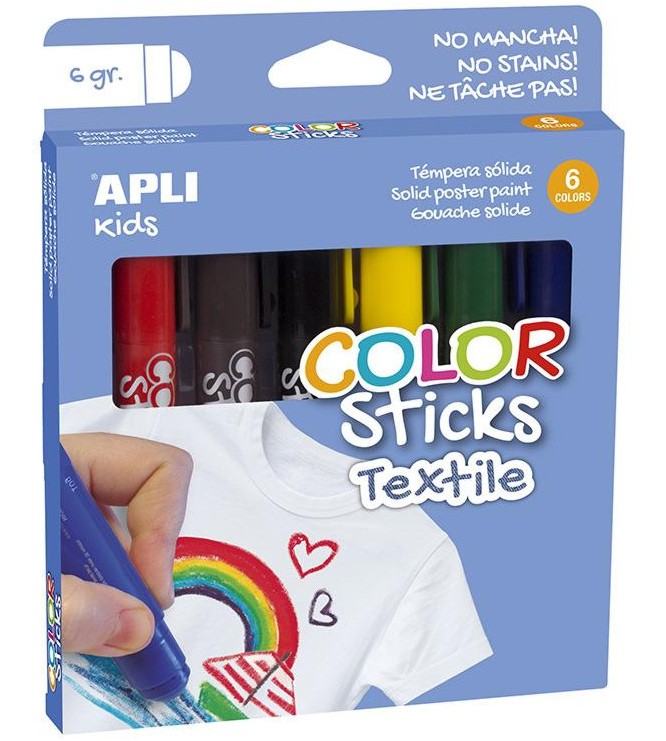 Гел-стик пастели за текстил Apli Kids - 6 цвята - 