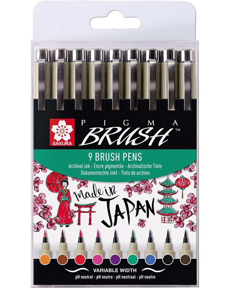 Маркери с връх тип четка Sakura Pigma Brush Маркери с връх тип четка Sakura Pigma Brush - 9 цвята -