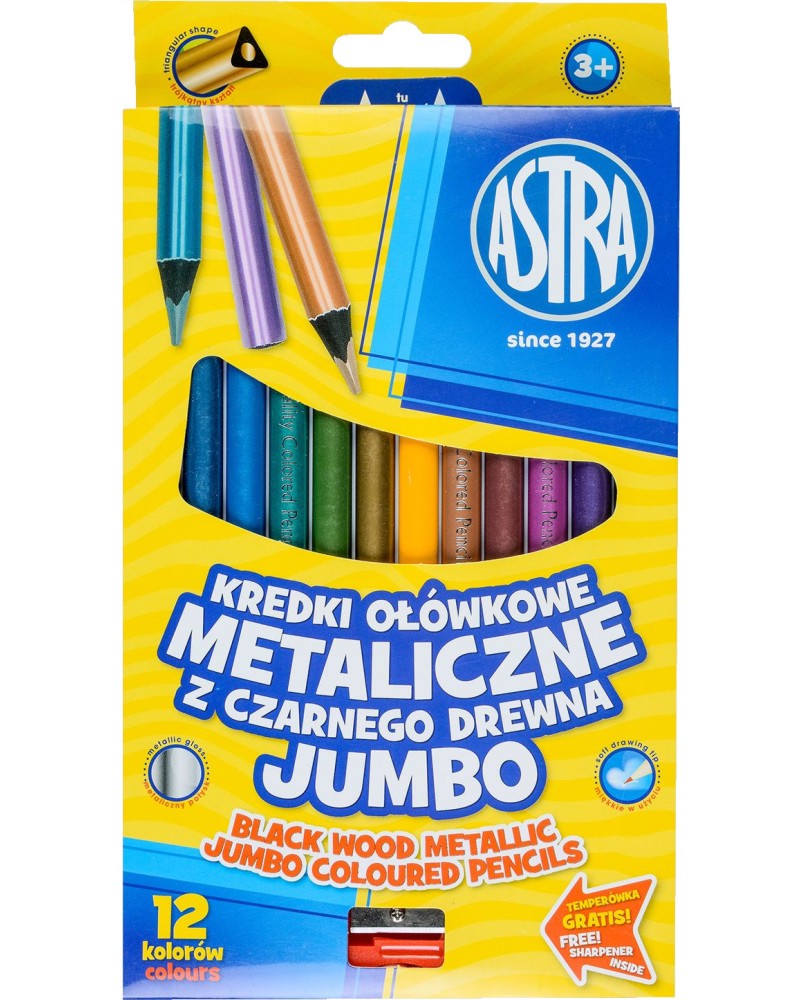 Цветни моливи Astra S.A. Jumbo Цветни моливи Astra S.A. Jumbo - 12 цвята с металиков ефект и острилка -
