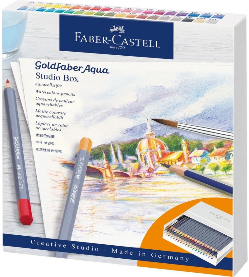Акварелни моливи Faber-Castell Studio Box Акварелни моливи Faber-Castell Studio Box - 38 цвята, 2 графитни молива и четка от серията Goldfaber -