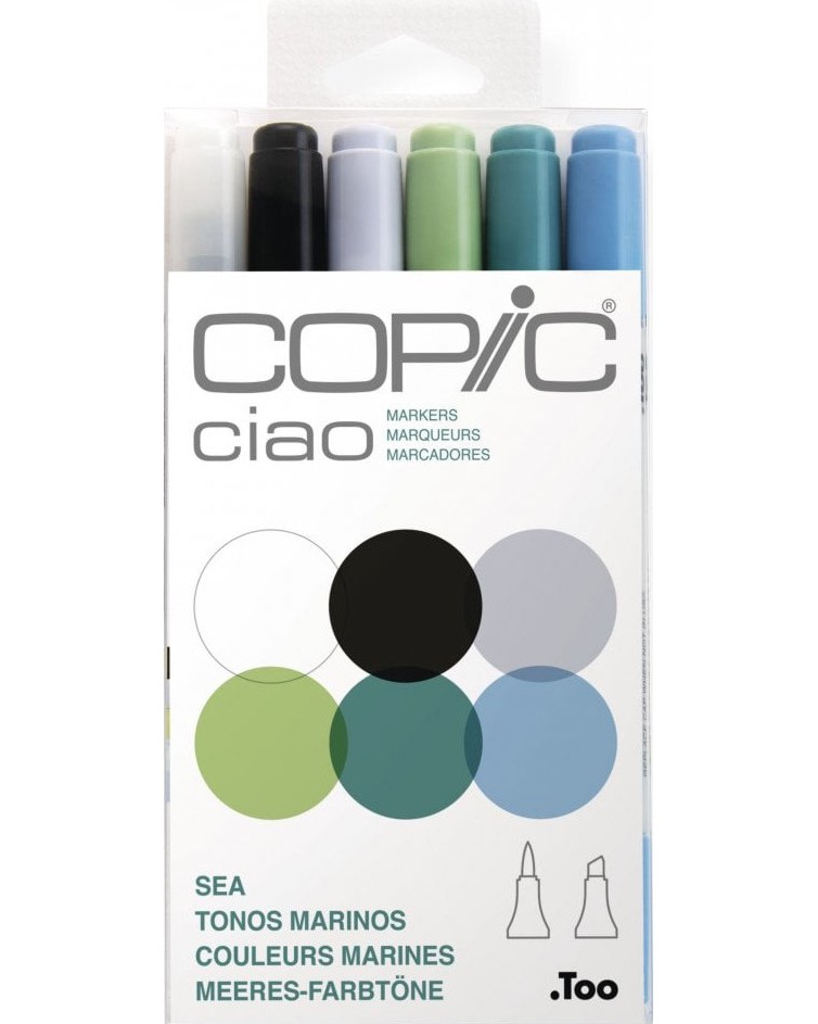 Двувърхи маркери Copic Sea Tones - 5 цвята и блендер от серията Ciao - 