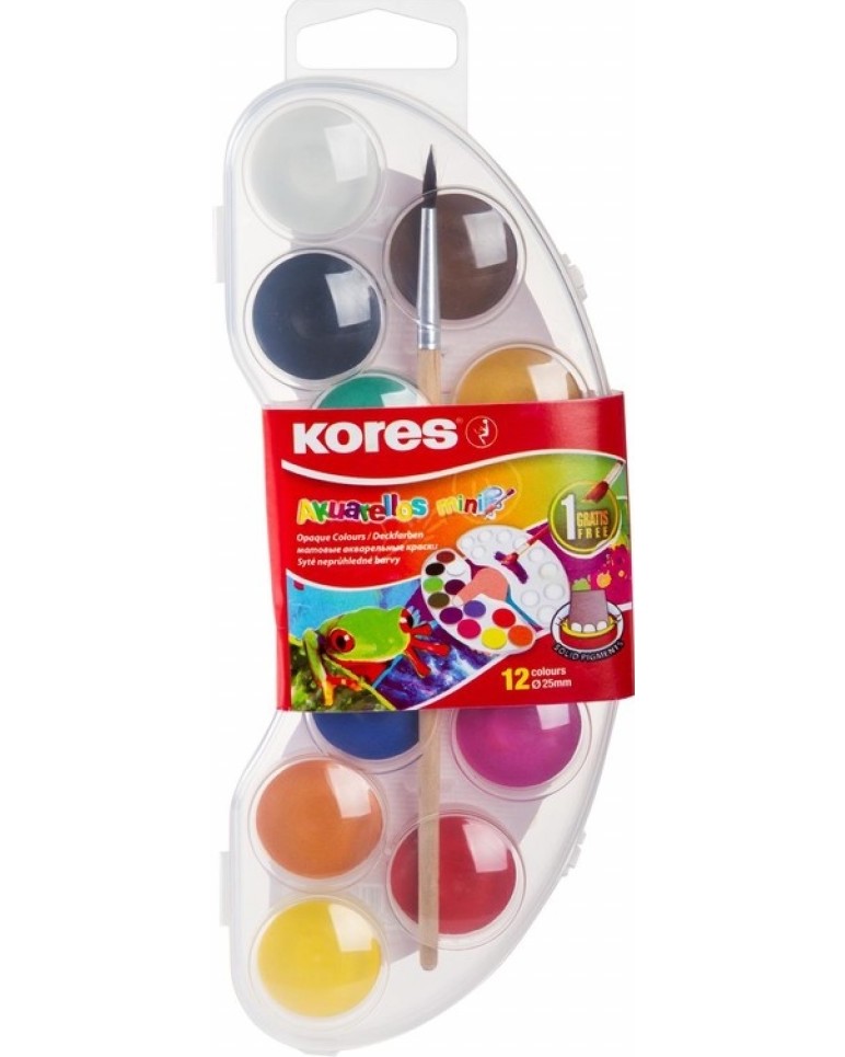 Акварелни бои Kores - 12 цвята с четка - 