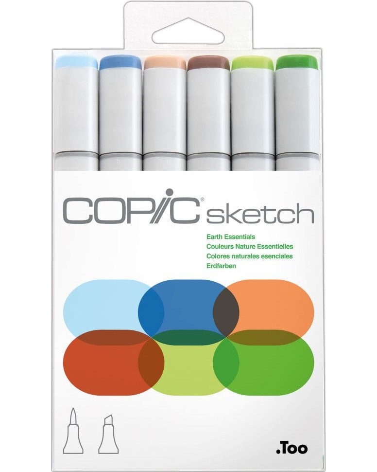 Двувърхи маркери Copic Earth Essentials - 6 цвята от серията Sketch - 