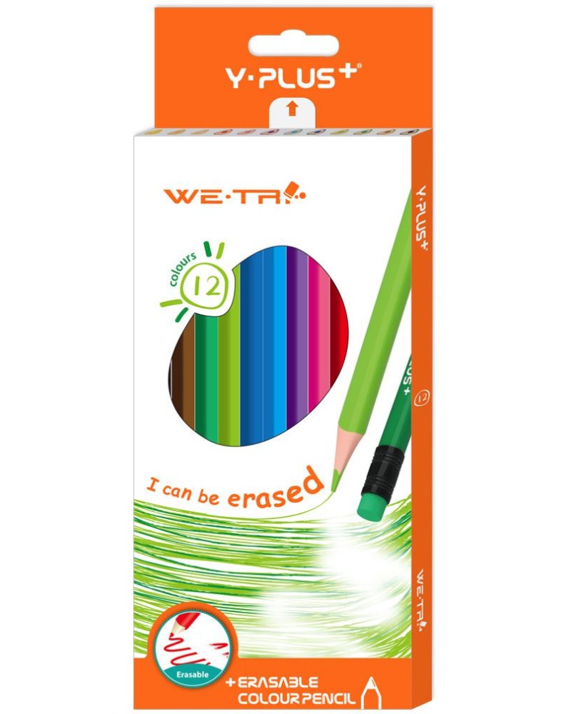 Изтриваеми цветни моливи Y-Plus Изтриваеми цветни моливи Y-Plus - 12 цвята, с гумички -