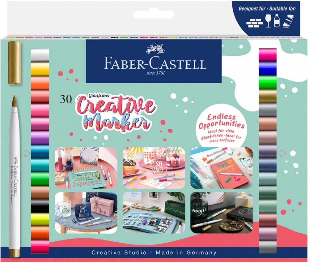 Маркери с връх тип четка Faber-Castell Creative Маркери с връх тип четка Faber-Castell Creative - 30 цвята от серията Goldfaber -