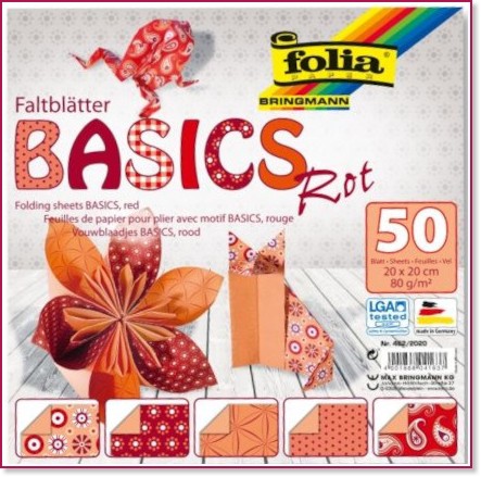 Хартии за оригами Folia Bringmann - Rot Хартии за оригами Folia Bringmann - Rot - 50 броя, 20 x 20 cm, 80 g/m<sup>2</sup> -