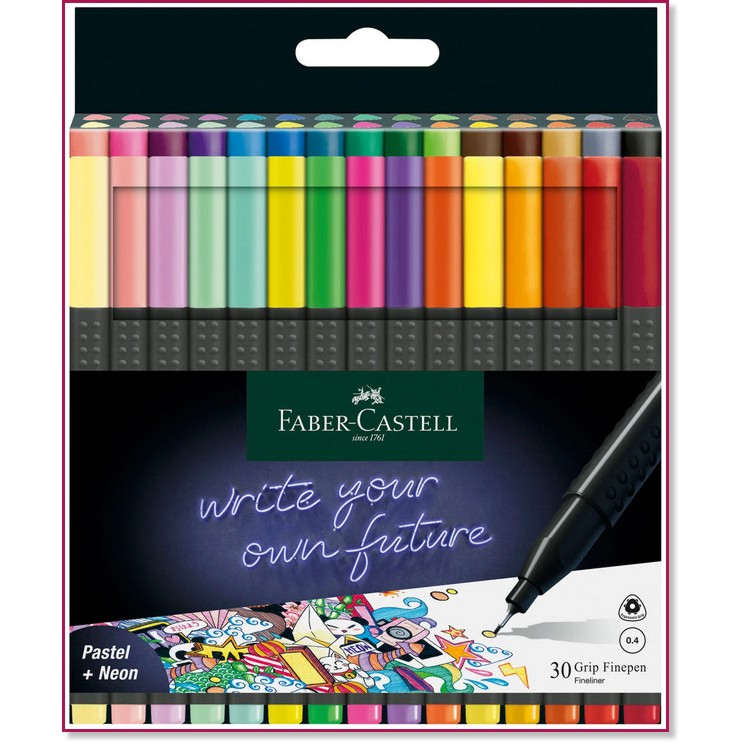 Цветни тънкописци Faber-Castell Grip 0.4 mm Цветни тънкописци Faber-Castell Grip 0.4 mm - 30 цвята -